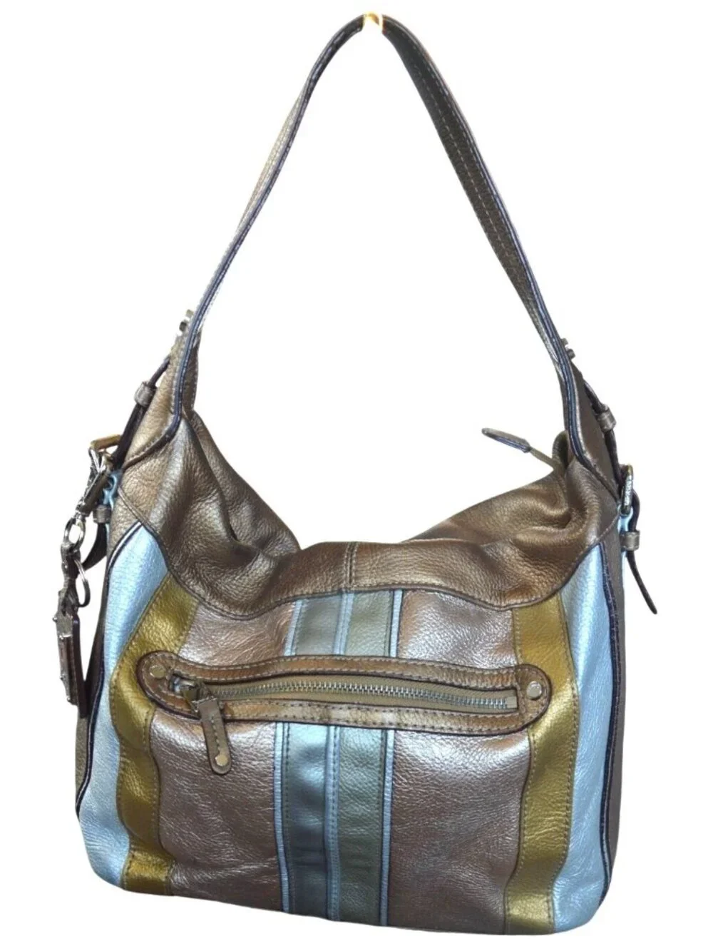 Tignanello Metallic Striped Leather Hobo Satchel Purse Bag Gold Silver Bronze